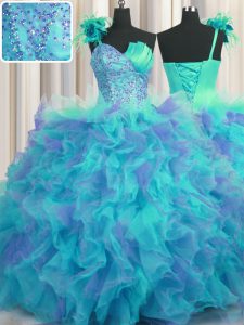 Gorgeous Handcrafted Flower One Shoulder Sleeveless Tulle Quinceanera Dresses Beading and Ruffles and Hand Made Flower Lace Up