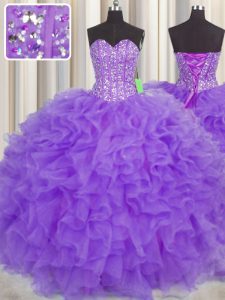 Visible Boning Purple Ball Gowns Organza Sweetheart Sleeveless Lace and Ruffles and Sashes ribbons Floor Length Lace Up 15th Birthday Dress