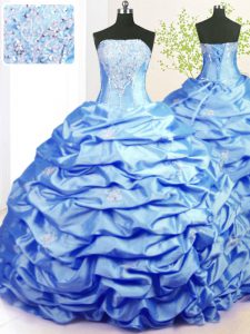 Affordable Beading and Pick Ups Sweet 16 Quinceanera Dress Baby Blue Lace Up Sleeveless With Train Sweep Train