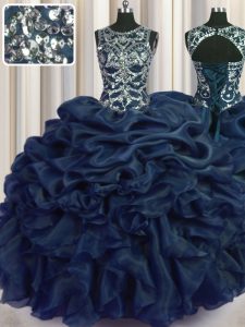 Pick Ups Floor Length Navy Blue Quinceanera Gown Scoop Sleeveless Lace Up