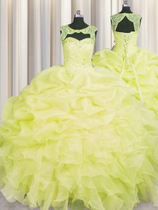 Fashionable Scoop Floor Length Yellow 15 Quinceanera Dress Organza Sleeveless Beading and Pick Ups