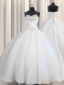 Spaghetti Straps White Ball Gowns Beading and Ruching Ball Gown Prom Dress Lace Up Organza Sleeveless Floor Length