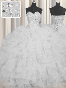 Visible Boning Beading and Ruffles and Sashes ribbons Sweet 16 Dresses White Lace Up Sleeveless Floor Length