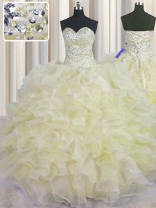 Light Yellow Lace Up Sweetheart Beading and Ruffles Ball Gown Prom Dress Organza Sleeveless