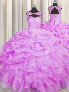 Lilac Scoop Neckline Beading and Pick Ups Quinceanera Gown Sleeveless Lace Up