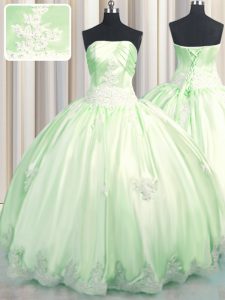 High Quality Taffeta Strapless Sleeveless Lace Up Beading and Appliques Ball Gown Prom Dress in Green