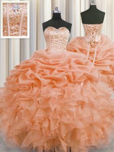 Exceptional Visible Boning Organza Sleeveless Floor Length Sweet 16 Dresses and Beading and Ruffles and Pick Ups