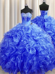 Lovely Royal Blue Organza Lace Up Sweetheart Sleeveless Quinceanera Gowns Sweep Train Beading and Ruffles