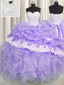 Smart Lavender Sweetheart Neckline Beading and Appliques and Ruffles and Pick Ups Quinceanera Dresses Sleeveless Lace Up
