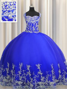 Graceful Halter Top Sleeveless Sweet 16 Dress Floor Length Beading and Appliques Royal Blue Organza