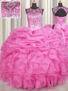 Romantic Scoop See Through Floor Length Ball Gowns Sleeveless Rose Pink Quinceanera Dress Lace Up