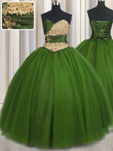 Green Sweetheart Neckline Beading and Ruching and Belt Quinceanera Dress Sleeveless Lace Up
