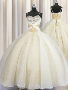 Dynamic Spaghetti Straps Champagne Sleeveless Beading and Ruching Floor Length Ball Gown Prom Dress