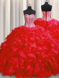 Visible Boning Ball Gowns 15 Quinceanera Dress Red Sweetheart Organza Sleeveless Floor Length Lace Up