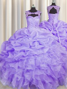 Scoop Pick Ups Lavender Sleeveless Organza Lace Up Vestidos de Quinceanera for Military Ball and Sweet 16 and Quinceanera
