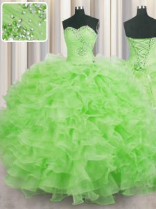 High Class Sweetheart Sleeveless Organza Quince Ball Gowns Beading and Ruffles Lace Up