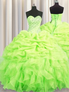 Yellow Green Ball Gowns Beading and Ruffles and Pick Ups Vestidos de Quinceanera Lace Up Organza Sleeveless Floor Length