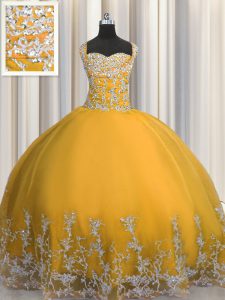 Gold Lace Up 15th Birthday Dress Beading and Appliques Sleeveless Floor Length