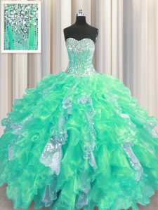 Extravagant Turquoise Sweetheart Lace Up Beading and Ruffles and Sequins Sweet 16 Dress Sleeveless