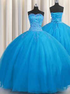 Big Puffy Blue Ball Gowns Tulle Sweetheart Sleeveless Beading Floor Length Lace Up Quinceanera Gown