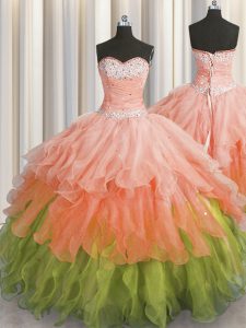 New Arrival Sleeveless Organza Floor Length Lace Up Quinceanera Dresses in Multi-color with Beading and Ruffles and Ruffled Layers and Sequins