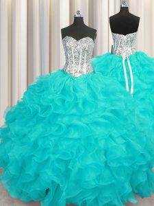 Aqua Blue Sweetheart Neckline Beading and Ruffles Ball Gown Prom Dress Sleeveless Lace Up