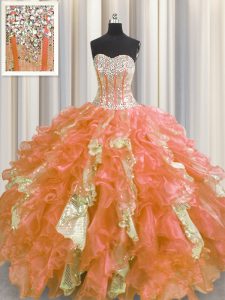 Cute Visible Boning Multi-color Lace Up Sweetheart Beading and Ruffles and Sequins Ball Gown Prom Dress Organza and Sequined Sleeveless