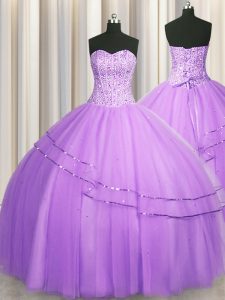 Discount Visible Boning Puffy Skirt Lilac Sleeveless Tulle Lace Up Ball Gown Prom Dress for Military Ball and Sweet 16 and Quinceanera