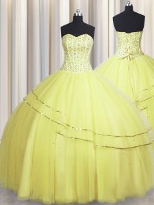Visible Boning Really Puffy Light Yellow Ball Gowns Sweetheart Sleeveless Tulle Floor Length Lace Up Beading Quinceanera Dress