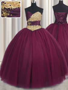 Burgundy Sweetheart Neckline Beading and Appliques Quinceanera Gowns Sleeveless Lace Up