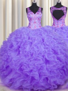 V Neck Floor Length Lavender Quinceanera Gowns Organza Sleeveless Beading and Appliques and Ruffles