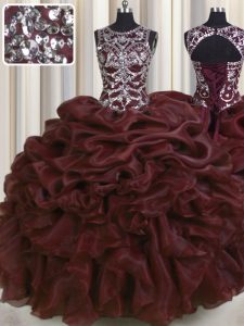 See Through Floor Length Burgundy Sweet 16 Dress Scoop Sleeveless Lace Up