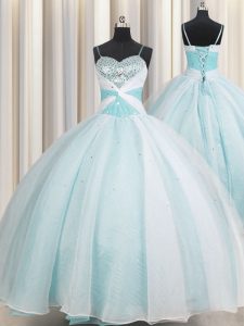 Luxurious Spaghetti Straps Aqua Blue Ball Gowns Beading and Ruching Quince Ball Gowns Lace Up Organza Sleeveless Floor Length