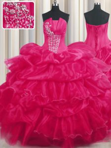 Elegant Strapless Sleeveless Sweet 16 Dresses Floor Length Beading and Ruffled Layers and Pick Ups Hot Pink Organza