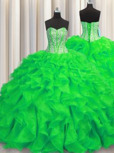 Amazing Visible Boning Green Sleeveless Brush Train Beading and Ruffles Sweet 16 Quinceanera Dress