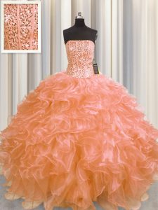 Sophisticated Visible Boning Organza Sleeveless Floor Length Quinceanera Gowns and Beading and Ruffles