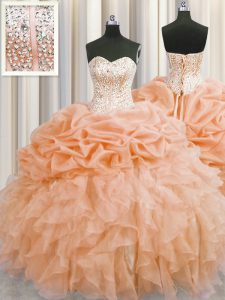 Cheap Visible Boning Orange Sleeveless Floor Length Beading and Ruffles Lace Up Quinceanera Gowns