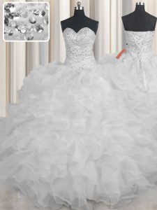 On Sale White Sweetheart Neckline Beading and Ruffles Quince Ball Gowns Sleeveless Lace Up