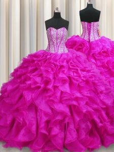 Luxury Visible Boning Organza Sleeveless Quince Ball Gowns Brush Train and Beading and Ruffles