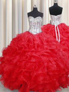 Organza Sweetheart Sleeveless Lace Up Beading and Ruffles Quinceanera Gown in Red