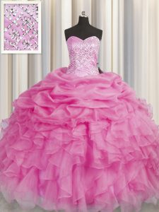 Elegant Rose Pink Sleeveless Floor Length Beading and Ruffles Lace Up Sweet 16 Dresses