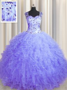 Admirable See Through Zipper Up Lavender Sleeveless Tulle Zipper 15 Quinceanera Dress for Military Ball and Sweet 16 and Quinceanera
