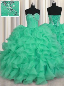 Custom Made Turquoise Ball Gowns Sweetheart Sleeveless Organza Floor Length Lace Up Beading and Ruffles Quinceanera Dresses