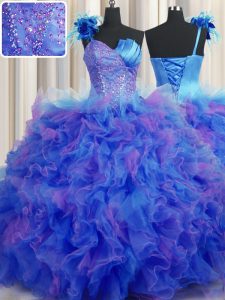 Handcrafted Flower One Shoulder Sleeveless Quinceanera Gown Floor Length Beading and Ruffles and Hand Made Flower Multi-color Tulle