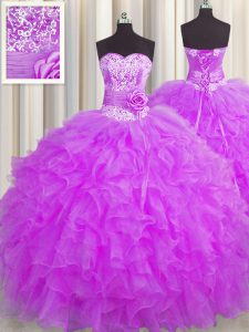 Handcrafted Flower Purple Organza Lace Up Sweetheart Sleeveless Floor Length 15th Birthday Dress Beading and Ruffles and Hand Made Flower