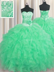 Classical Handcrafted Flower Apple Green Sweetheart Neckline Beading and Ruffles and Hand Made Flower 15th Birthday Dress Sleeveless Lace Up