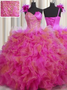 One Shoulder Handcrafted Flower Sleeveless Beading and Ruffles and Hand Made Flower Lace Up Quinceanera Dress