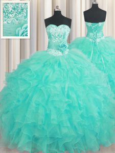 Handcrafted Flower Floor Length Lace Up Sweet 16 Dresses Aqua Blue for Military Ball and Sweet 16 and Quinceanera with Beading and Ruffles and Hand Made Flower