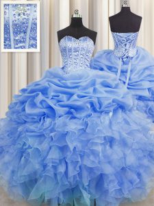 Fantastic Visible Boning Blue Sleeveless Floor Length Beading and Ruffles and Pick Ups Lace Up Sweet 16 Quinceanera Dress