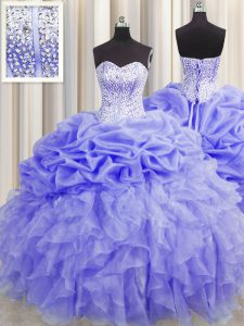 Flirting Visible Boning Sleeveless Organza Floor Length Lace Up Quinceanera Dress in Lavender with Beading and Ruffles and Pick Ups